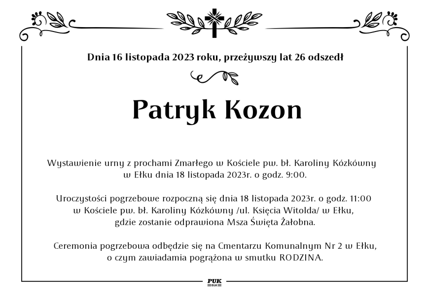 Patryk Kozon - nekrolog